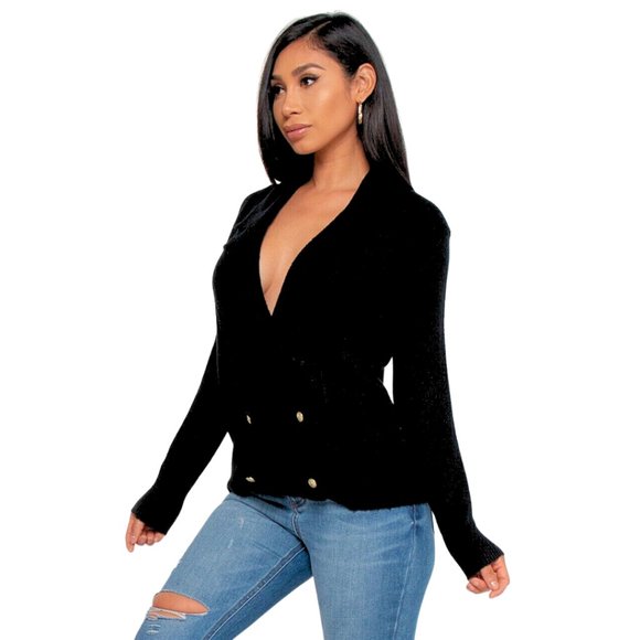 NWT Black Long Sleeve Cardigan Sweater with Plunge Neckline and Gold Buttons - Picture 4 of 6